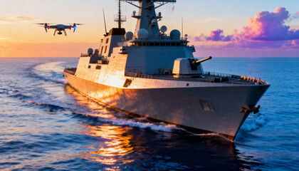 Obraz premium Modern naval warship patrolling at sunset with surveillance drone flying overhead above calm ocean waters under colorful sky