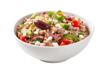 Quinoa salad with ground meat, vegetables, and feta cheese in a bowl, isolated on transparent background