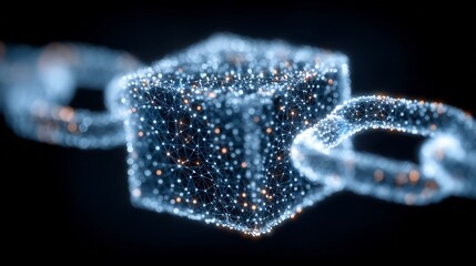 A digital representation of a blockchain, showcasing interconnected blocks and a chain, with a dark background.