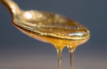 Fototapeta premium Golden honey dripping from spoon in macro shot