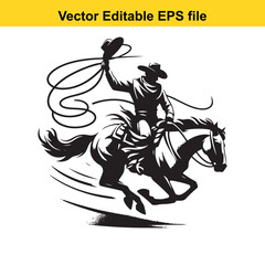 Vector art of dynamic silhouette of a cowboy on horseback, skillfully twirling a lasso against a, capturing the spirit of the american west and rodeo action