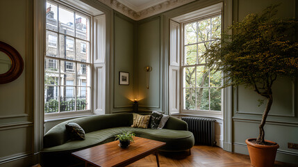 Elegant Living Room Interior with Green Sofa and Natural Light