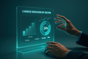 Hologram dashboard carbon emissions analytics data visualization business report sustainability environment clean energy green tech futuristic