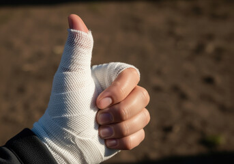 Hand with white bandage giving thumbs up gesture outdoors under sunlight, signifying positivity, recovery, and resilience