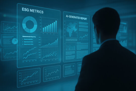 ESG metrics dashboard finance analytics business report data visualization corporate governance sustainable investment professional insight AI
