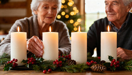 Elderly couple lighting advent candles together during a festive winter evening with pine branches, berries, and warm ambiance