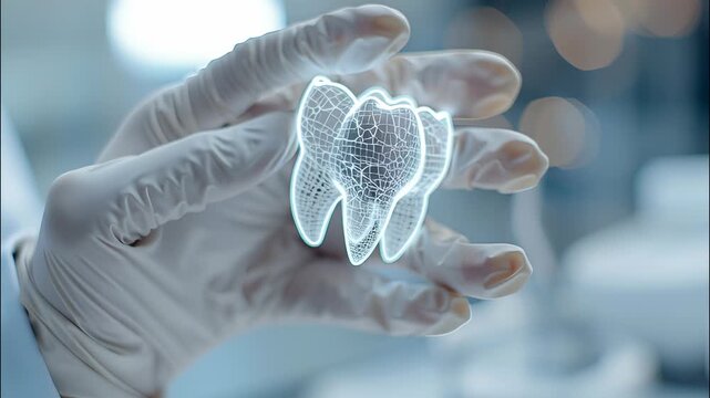 model wearing gloves carefully holding a futuristic glowing Dentist 3d a molar modern a clinic dental video 4k