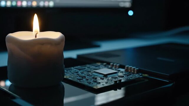A lone candle's warm glow illuminates an intricate circuit board in darkness, starkly contrasting primal light with modern tech, symbolizing essential power and deep focus