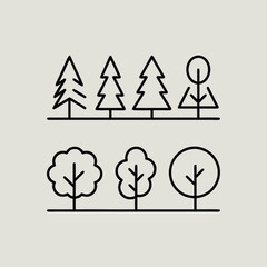 A minimalist illustration showcases a diverse array of trees, each rendered with simple lines and shapes, creating a serene and stylized forest landscape on a neutral background