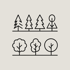 A minimalist illustration showcases a diverse array of trees, each rendered with simple lines and shapes, creating a serene and stylized forest landscape on a neutral background