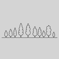 A serene landscape illustration presents a continuous line of stylized trees, varying in height and shape, creating a peaceful and harmonious forest silhouette on gray background