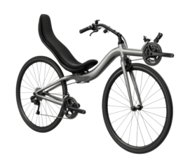 High-racer recumbent bike featuring dual large wheels and a slim seat.