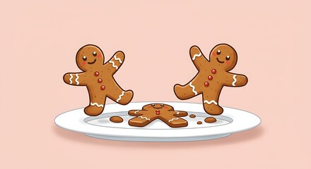 Obraz premium Two cheerful gingerbread men playfully stand on a white plate next to their broken companion, creating a humorous holiday treat scene against a soft pink background
