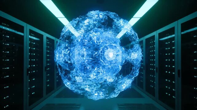 Futuristic data processing core powering a secure server infrastructure, illustrating advanced artificial intelligence computations within a high-performance network environment