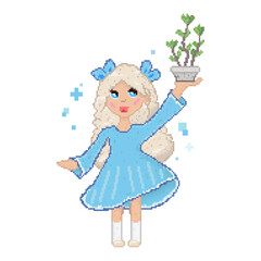 A charming pixel art illustration of a fantasy girl with long, wavy blonde hair tied with blue bows, holding a potted plant above her head. Vector illustration retro gaming and cute character design