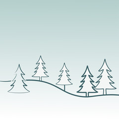 A serene winter landscape featuring stylized evergreen trees silhouetted against a soft, gradient sky, evoking a sense of calm and simplicity in a minimalist design isolated on white background