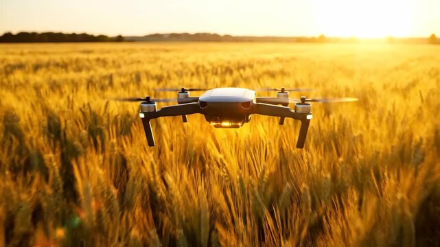 Sophisticated drone aircraft navigating golden agricultural fields at sunset, performing essential aerial monitoring for modern farming and precision agriculture optimization