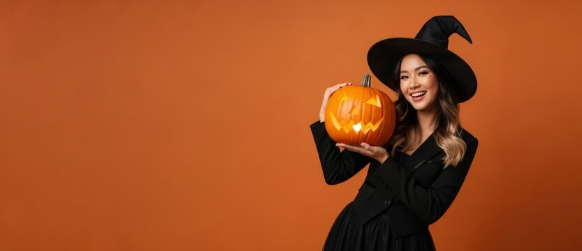 Young asian woman in witch hat holding jack o lantern. Halloween celebration banner for autumn holiday season concept for festive marketing and sales with copy space.