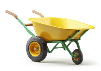 Yellow and green garden wheelbarrow.  Bright yellow cargo bed, green metal frame, and brown handles.  Solid black tires.  Isolated on white background