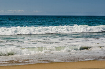 Los Angeles, California, sandy ocean shore, foaming waves rolling onto the beach