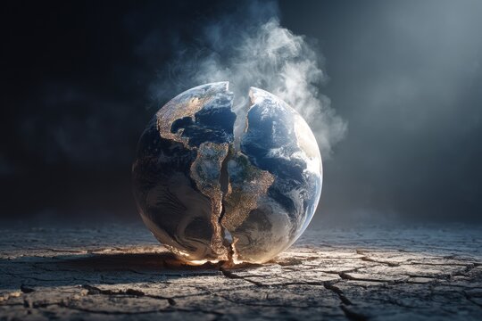 Highly Detailed Earth Globe Split by Deep Crack Releasing Smoke on Parched Ground for Environmental Symbolism and Climate Change Concepts


