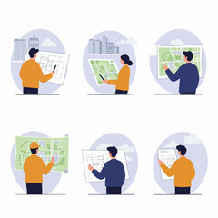 Professionals examining architectural blueprints, floor plans, and city maps, representing urban planning, design, engineering, and construction development processes in flat illustration style.