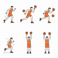 Set of minimalist illustrations showing a basketball player practicing essential skills like dribbling, agility, and shooting techniques.
