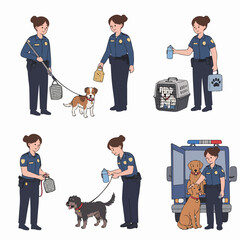 Female Animal Control Officers: Dog Rescue, Care, and Welfare Illustrations. Depicting various professional duties from handling and feeding to transport and compassion.