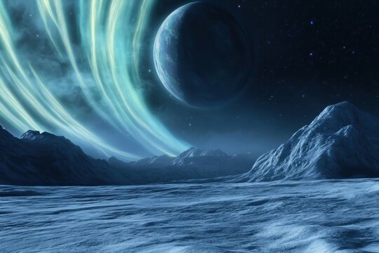 Mysterious landscape on an alien planet with auroras and a distant moon