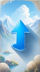 Upward-pointing arrow icon against a serene landscape backdrop of mountains and water