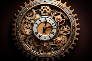 Obraz premium Close up of a clock face with exposed gears, showcasing the intricate mechanics of timekeeping