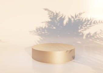 Elegant golden round podium with soft natural shadow on light cream background