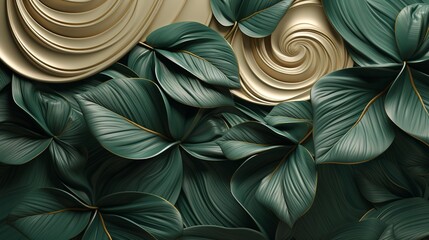 Elegant Green Leaves with Gold and Beige Swirls Artistic Pattern for Interior Design