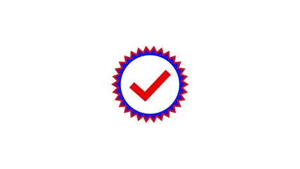 Red check mark inside an oval badge with jagged edges and blue and purple border