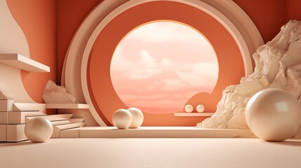 Futuristic Abstract Interior Scene with Circular Window Soft Lighting and Smooth Sculptural Elements