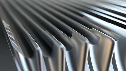Metallic abstract: A close-up showcases repetitive, reflective elements, creating a rhythm of light and shadow. Precision and engineering are evoked.