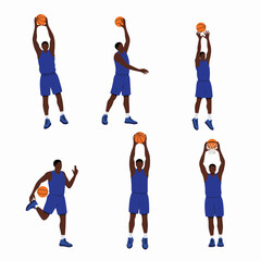 Vector illustration set of a basketball player in various game actions, demonstrating dribbling, shooting, and scoring poses on a white background.