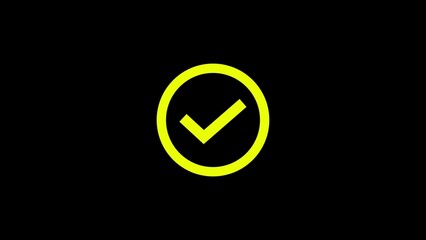 Bright yellow hand drawn check mark inside an oval shape on a solid black background