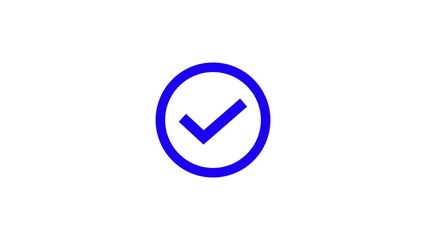 Simple blue check mark inside oval outline symbol representing approval success and completion on white background