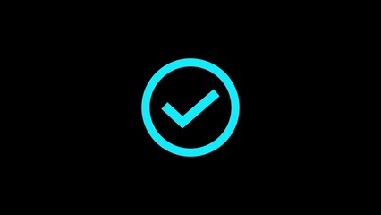 Bright neon blue check mark inside an oval outline on a solid black background