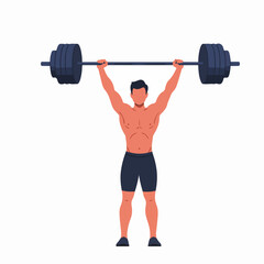 Strong man athlete lifting heavy barbell overhead, showcasing fitness, strength, and power during a gym workout. Flat vector illustration for exercise concepts.