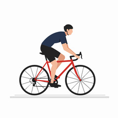 Male cyclist riding a red road bicycle in a modern flat vector illustration, depicting sport, fitness, and active outdoor recreation.