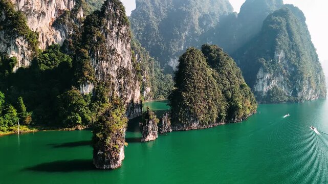 Aerial view of scenic landscape of khao sok national park, on at cheow lan lake, a popular tourist destination, Thailand.