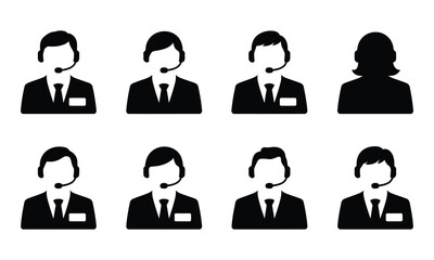 Customer support call center agents wearing headsets black silhouettes