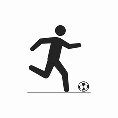 Minimalist black silhouette icon of a soccer player dribbling a football, representing sport, activity, and athletic competition on a clean white background.