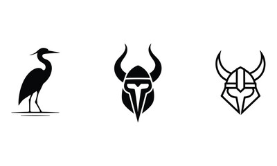 Minimalist Black and White Vector Icons Featuring Bird and Viking Helmets