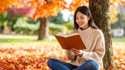 紅葉が綺麗な木の下で本を読む女性のイメージ 背景素材 AI生成素材