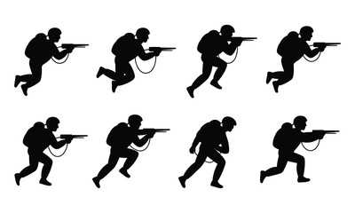 Running soldiers with rifles vector silhouette illustration on white background