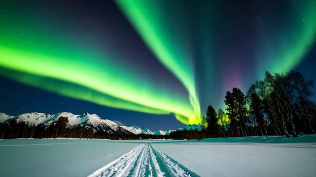 Aurora borealis over snowy landscape