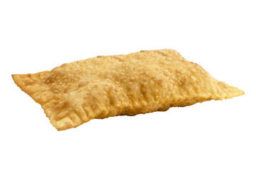 Brazilian pastry, fried dough and stuffed with meat, savory typical of fairs and markets on an isolated white background.